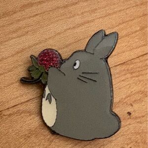 Gray Totoro Enamel Pin with Strawberry